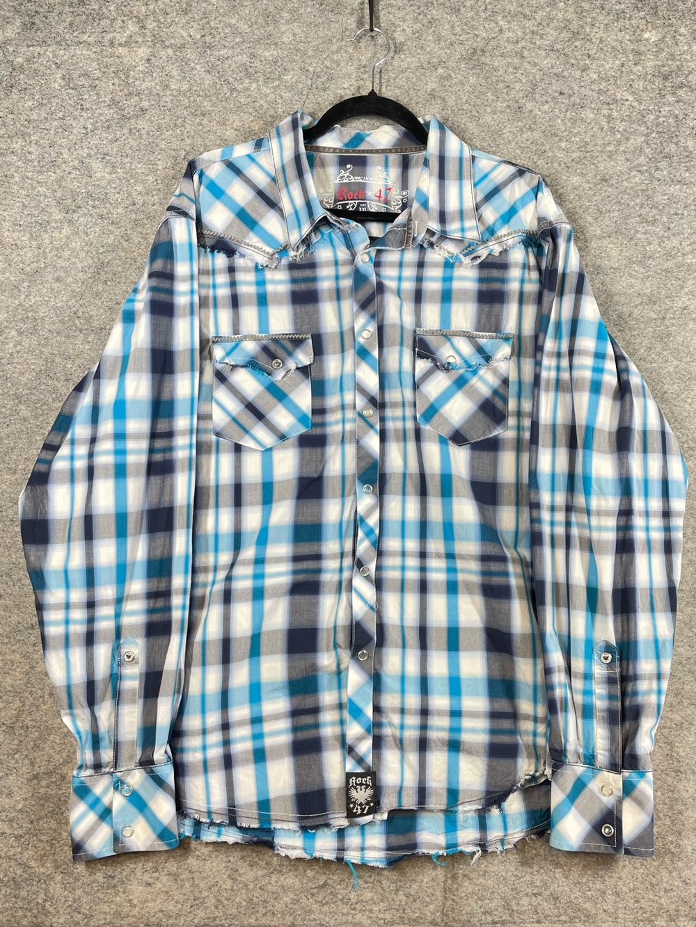 Rock 47 Wrangler Plaid Western Shirt Blue XXL Pearl Snap Raw Hem Cowboy Festival